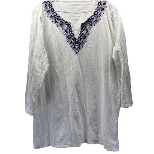 Talbots Women's Tunic Top Sz L White Purple Embroidered V Neck 3/4 Sleeve Cotton